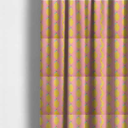 The fabric used to create these made-to-measure curtains is a pink fabric with a repeating pattern of yellow lemons, light green leaves, and small white dots.