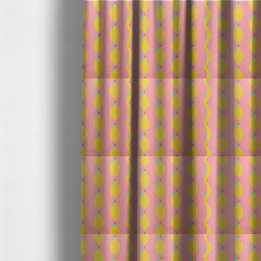 The fabric used to create these made-to-measure curtains is a pink fabric with a repeating pattern of yellow lemons, light green leaves, and small white dots.