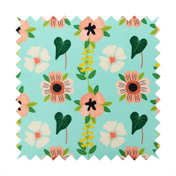 Whimsical floral fabric featuring peach and cream flowers, yellow vining stems, and dark green heart-shaped leaves on a light mint turquoise background.   