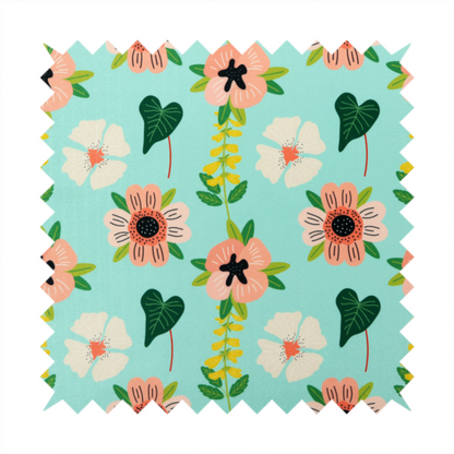 Whimsical floral fabric featuring peach and cream flowers, yellow vining stems, and dark green heart-shaped leaves on a light mint turquoise background.   