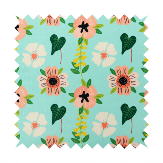 Whimsical floral fabric featuring peach and cream flowers, yellow vining stems, and dark green heart-shaped leaves on a light mint turquoise background.   