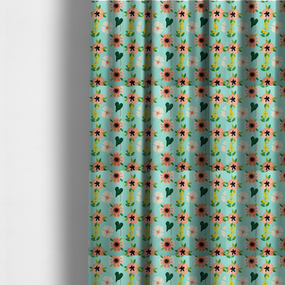 The fabric used to create these made-to-measure curtains is a whimsical floral fabric featuring peach and cream flowers, yellow vining stems, and dark green heart-shaped leaves on a light mint turquoise background.   