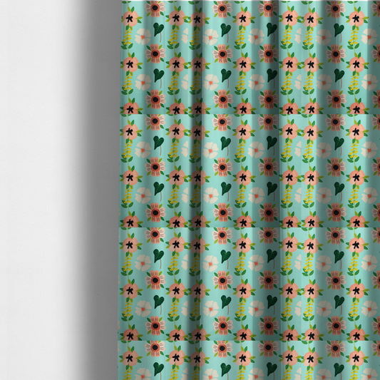 The fabric used to create these made-to-measure curtains is a whimsical floral fabric featuring peach and cream flowers, yellow vining stems, and dark green heart-shaped leaves on a light mint turquoise background.   
