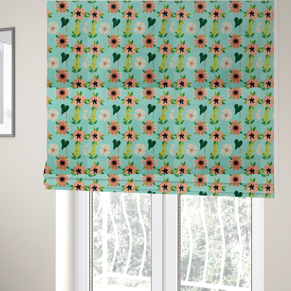 The fabric used to create these Roman blinds is a whimsical floral fabric featuring peach and cream flowers, yellow vining stems, and dark green heart-shaped leaves on a light mint turquoise background.   