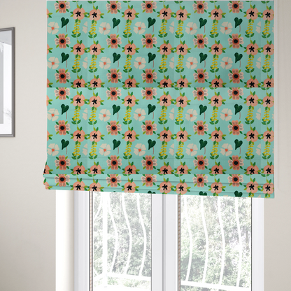 The fabric used to create these Roman blinds is a whimsical floral fabric featuring peach and cream flowers, yellow vining stems, and dark green heart-shaped leaves on a light mint turquoise background.   