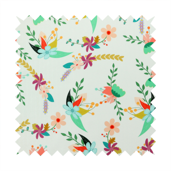 Playful floral fabric featuring scattered colourful bouquets with light blue, coral, purple, and peach blossoms among green stems and mustard foliage on a off-white background.   