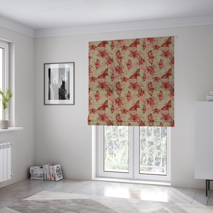 The fabric used to create these Roman blinds layers large red butterflies on top of pink tree illustrations, on a neutral background.