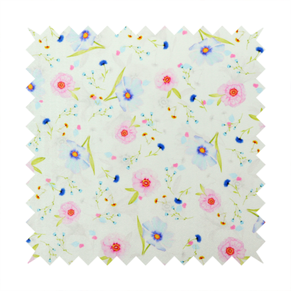 Delicate watercolour floral fabric featuring soft pink poppies, pale blue cosmos, and tiny cornflower buds on a white herringbone-textured background.