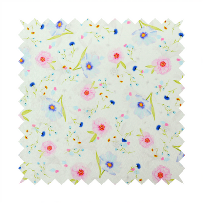Delicate watercolour floral fabric featuring soft pink poppies, pale blue cosmos, and tiny cornflower buds on a white herringbone-textured background.