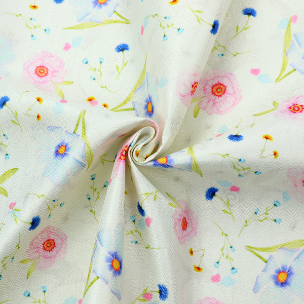 Delicate watercolour floral fabric featuring soft pink poppies, pale blue cosmos, and tiny cornflower buds on a white herringbone-textured background.