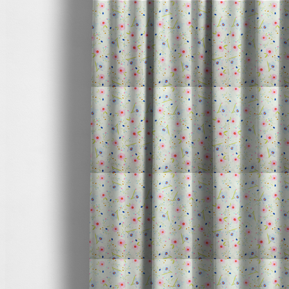 The fabric used to create these made-to-measure curtains is a delicate watercolour floral fabric featuring soft pink poppies, pale blue cosmos, and tiny cornflower buds on a white herringbone-textured background.
