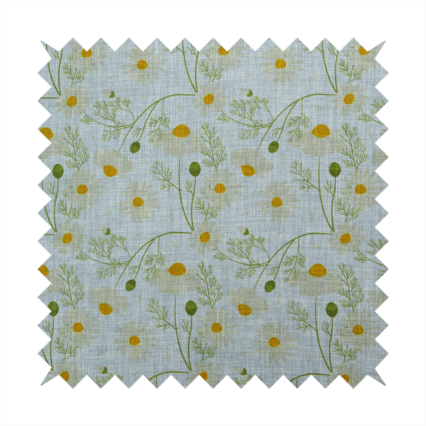 Light blue fabric with a repeating botanical chamomile flower and green foliage pattern