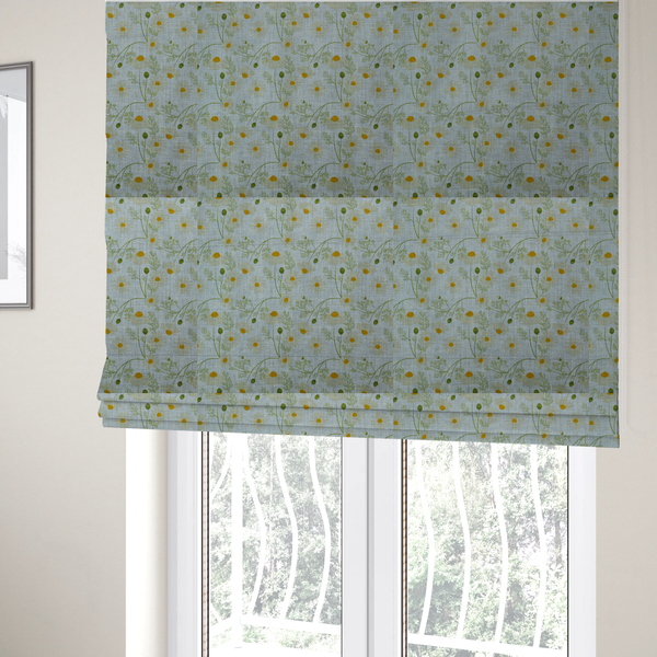 The fabric used to create these Roman blinds is a light blue fabric with a repeating botanical chamomile flower and green foliage pattern