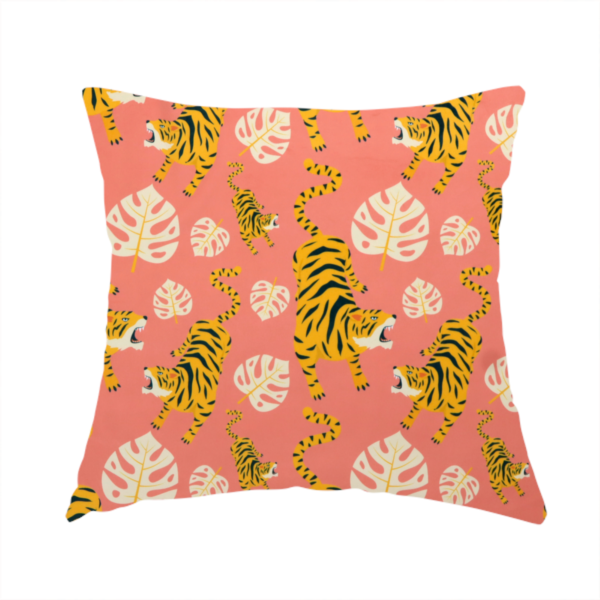 The fabric used to create this handmade cushion is a tigers styled in roaring, crouching, or pouncing poses facing towards the right.