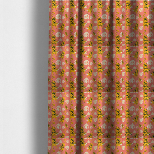 The fabric used to create these made-to-measure curtains is a tigers styled in roaring, crouching, or pouncing poses facing towards the right.