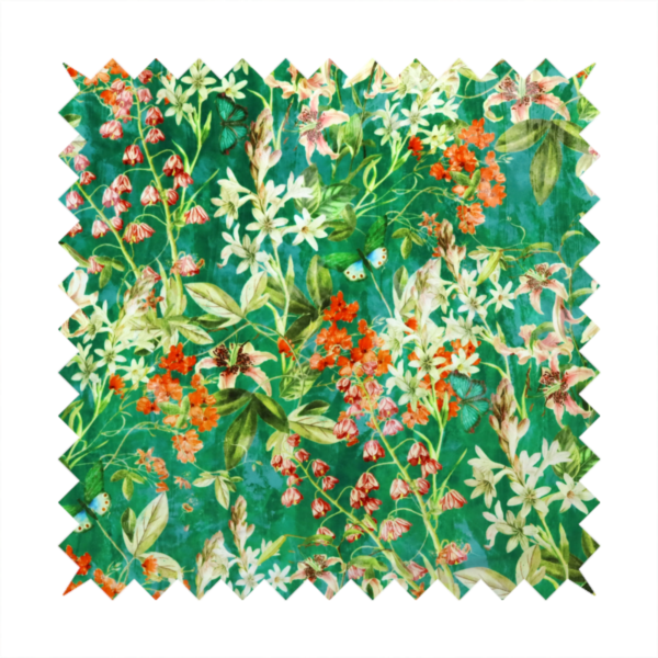 A dense, layered display of vibrant orange blossoms, delicate white jasmine-like star flowers, pink lily variations, and hanging bell-shaped blooms nestled among rich green foliage.