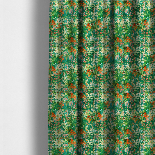 The fabric used to create these made-to-measure curtains is a dense, layered display of vibrant orange blossoms, delicate white jasmine-like star flowers, pink lily variations, and hanging bell-shaped blooms nestled among rich green foliage.