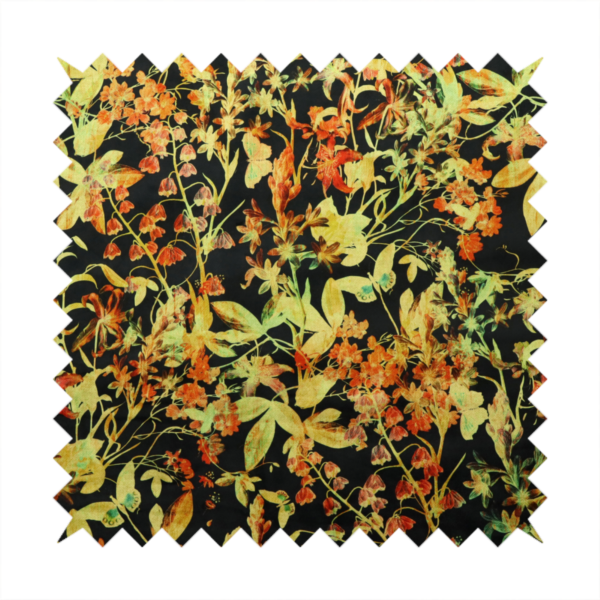 A black fabric with an all-over botanical print of golden-yellow leaves, orange flowers, and subtle small butterflies.
