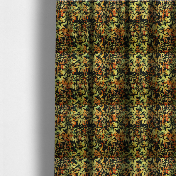 The fabric used to create these made-to-measure curtains is a black fabric with an all-over botanical print of golden-yellow leaves, orange flowers, and subtle small butterflies.