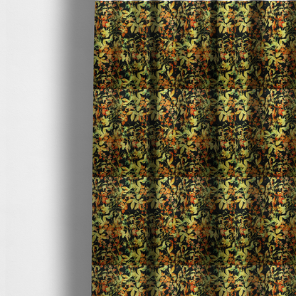 The fabric used to create these made-to-measure curtains is a black fabric with an all-over botanical print of golden-yellow leaves, orange flowers, and subtle small butterflies.