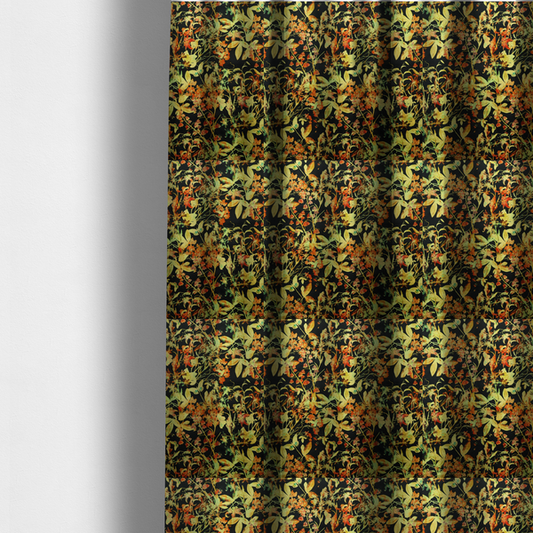 The fabric used to create these made-to-measure curtains is a black fabric with an all-over botanical print of golden-yellow leaves, orange flowers, and subtle small butterflies.