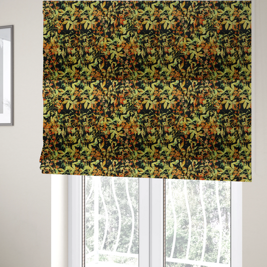 The fabric used to create these Roman blinds is a black fabric with an all-over botanical print of golden-yellow leaves, orange flowers, and subtle small butterflies.
