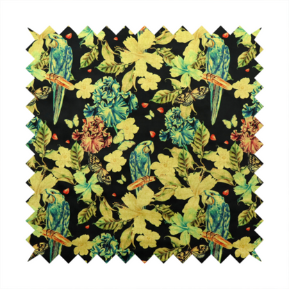 A repeating fabric pattern featuring blue and green parrots, butterflies, and large tropical flowers on a black background.