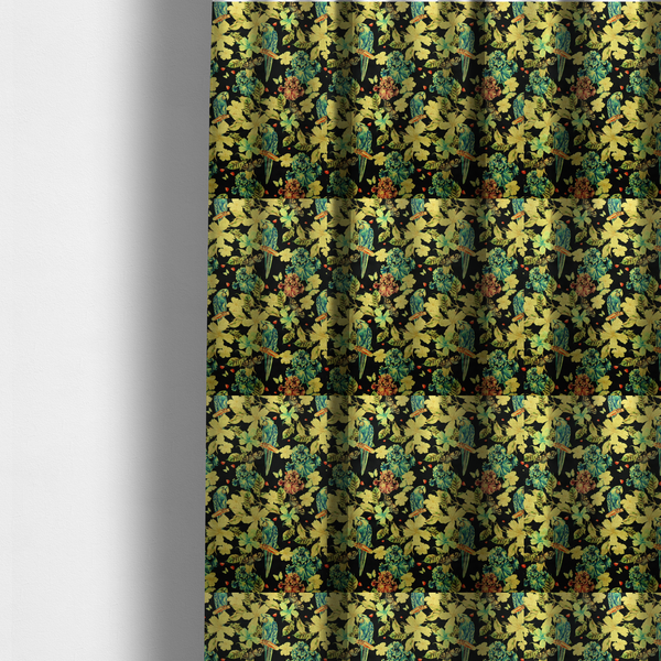 The fabric used to create these made-to-measure curtains is a  repeating fabric pattern featuring blue and green parrots, butterflies, and large tropical flowers on a black background.