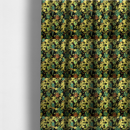 The fabric used to create these made-to-measure curtains is a  repeating fabric pattern featuring blue and green parrots, butterflies, and large tropical flowers on a black background.