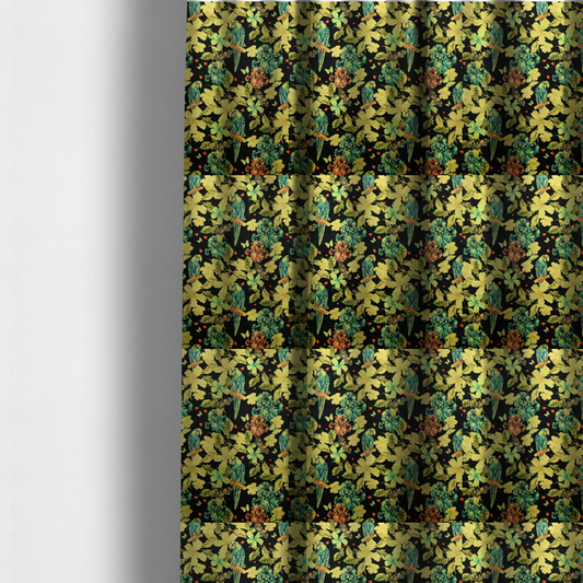The fabric used to create these made-to-measure curtains is a  repeating fabric pattern featuring blue and green parrots, butterflies, and large tropical flowers on a black background.