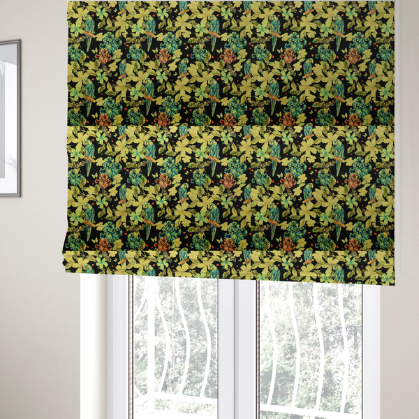 The fabric used to create these Roman blinds is a repeating fabric pattern featuring blue and green parrots, butterflies, and large tropical flowers on a black background.