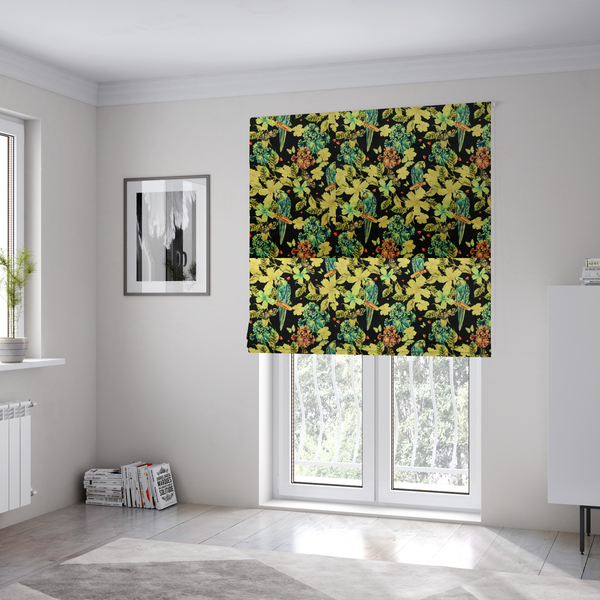 The fabric used to create these Roman blinds is a repeating fabric pattern featuring blue and green parrots, butterflies, and large tropical flowers on a black background.