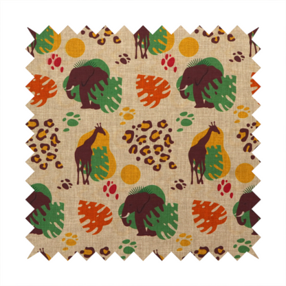 A repeating fabric pattern featuring giraffes, elephants, monstera leaves, and leopard prints on a natural beige linen background.