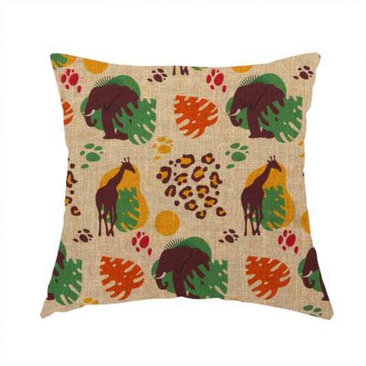 The fabric used to create this handmade cushion is a repeating fabric pattern featuring giraffes, elephants, monstera leaves, and leopard prints on a natural beige linen background.
