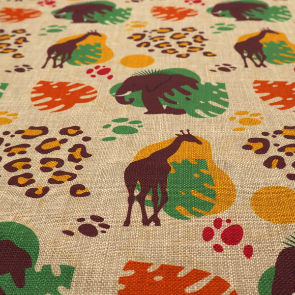 A repeating fabric pattern featuring giraffes, elephants, monstera leaves, and leopard prints on a natural beige linen background.