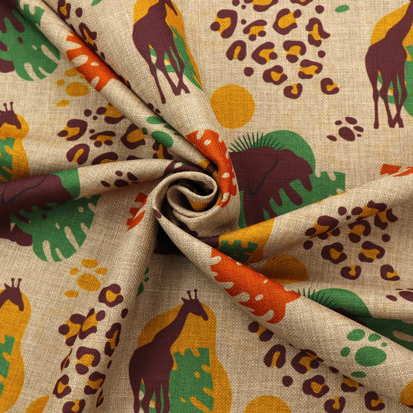 A repeating fabric pattern featuring giraffes, elephants, monstera leaves, and leopard prints on a natural beige linen background.