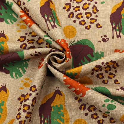A repeating fabric pattern featuring giraffes, elephants, monstera leaves, and leopard prints on a natural beige linen background.