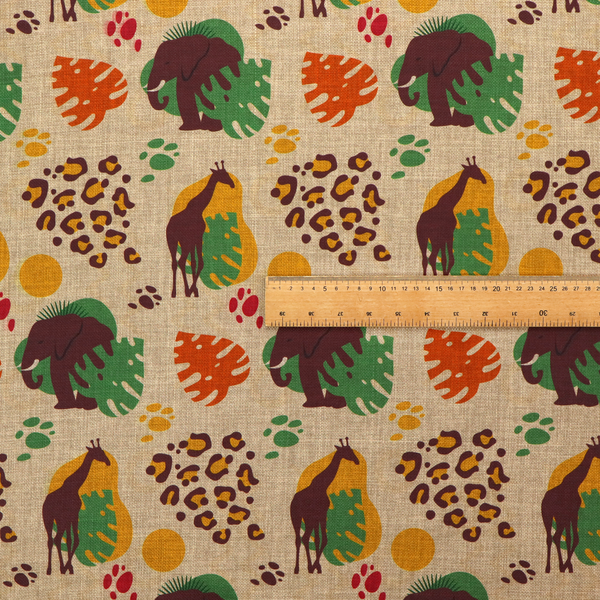 A repeating fabric pattern featuring giraffes, elephants, monstera leaves, and leopard prints on a natural beige linen background.