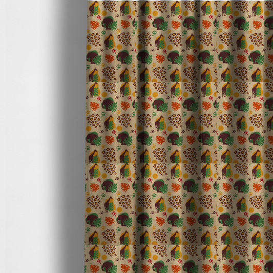 The fabric used to create these made-to-measure curtains is a repeating fabric pattern featuring giraffes, elephants, monstera leaves, and leopard prints on a natural beige linen background.