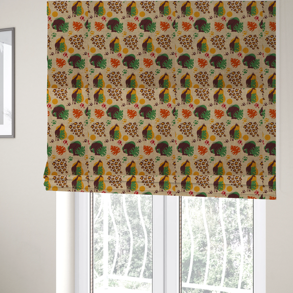 The fabric used to create these Roman blinds is a repeating fabric pattern featuring giraffes, elephants, monstera leaves, and leopard prints on a natural beige linen background.