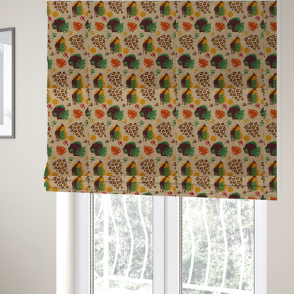 The fabric used to create these Roman blinds is a repeating fabric pattern featuring giraffes, elephants, monstera leaves, and leopard prints on a natural beige linen background.
