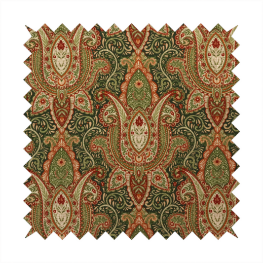 A repeating ornate paisley and damask medallion fabric pattern in terracotta, sage green, and cream on a forest green background.