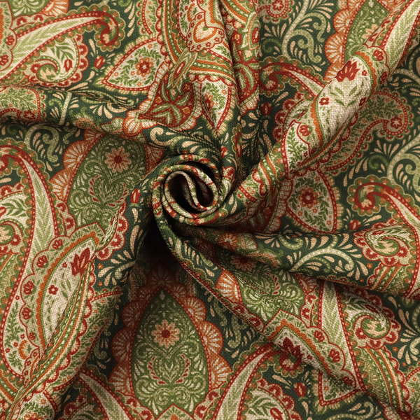 A repeating ornate paisley and damask medallion fabric pattern in terracotta, sage green, and cream on a forest green background.