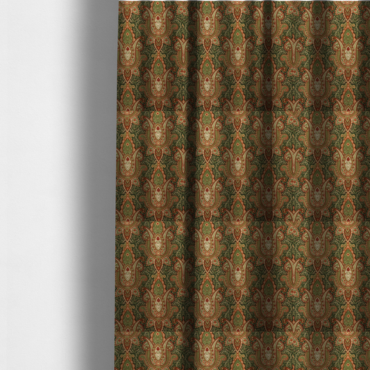 The fabric used to create these made-to-measure curtains is a repeating ornate paisley and damask medallion fabric pattern in terracotta, sage green, and cream on a forest green background.