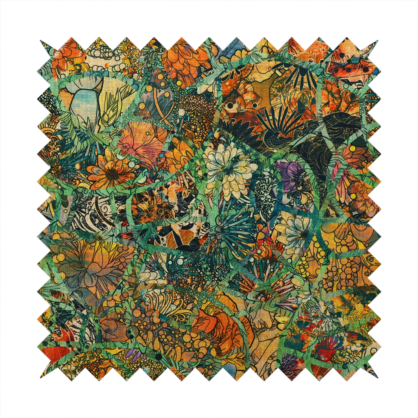 An abstract mosaic fabric pattern with stained glass-style botanical and floral illustrations in emerald green, orange, and gold tones.