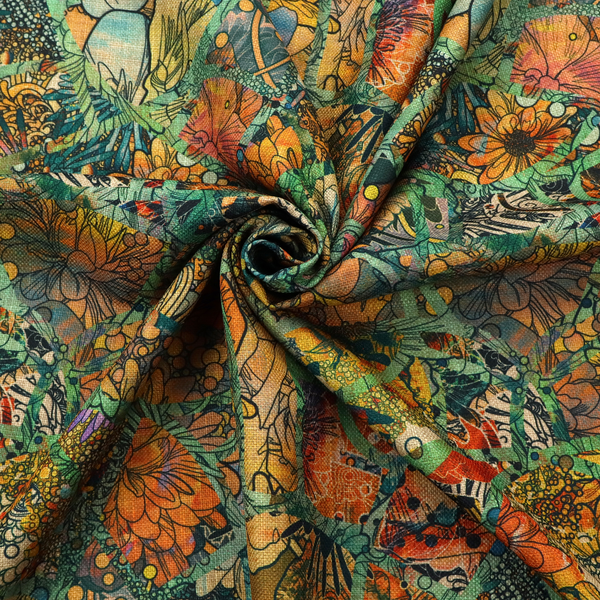 An abstract mosaic fabric pattern with stained glass-style botanical and floral illustrations in emerald green, orange, and gold tones.