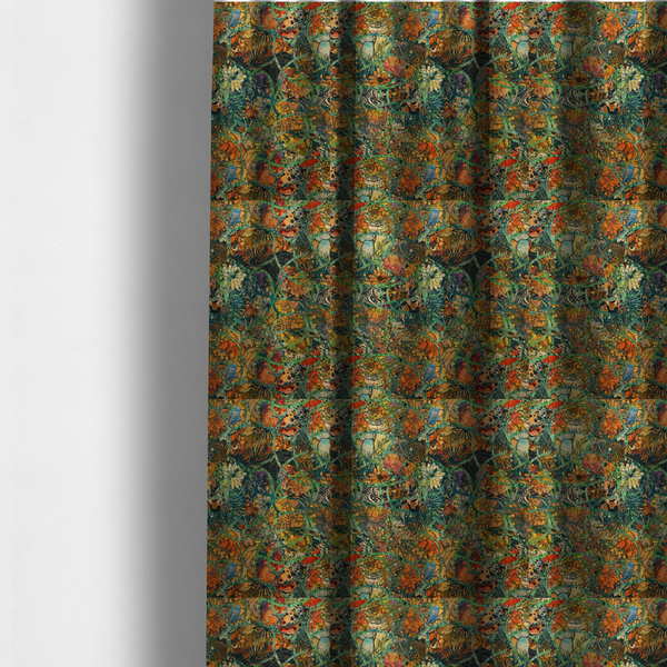 The fabric used to create these made-to-measure curtains is an abstract mosaic fabric pattern with stained glass-style botanical and floral illustrations in emerald green, orange, and gold tones.