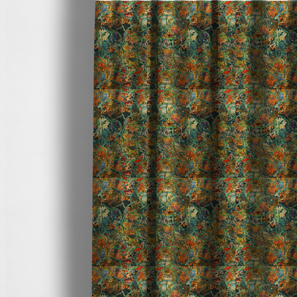 The fabric used to create these made-to-measure curtains is an abstract mosaic fabric pattern with stained glass-style botanical and floral illustrations in emerald green, orange, and gold tones.