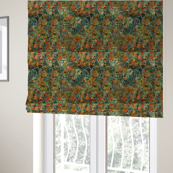 The fabric used to create these roman blinds is an abstract mosaic fabric pattern with stained glass-style botanical and floral illustrations in emerald green, orange, and gold tones.