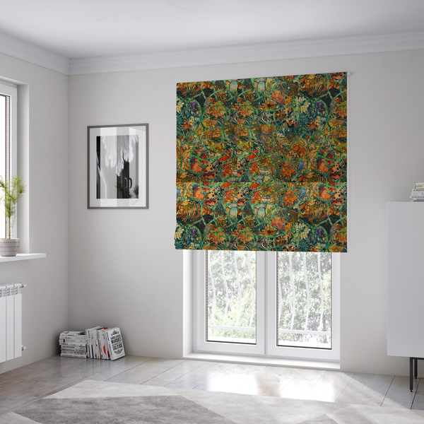 The fabric used to create these roman blinds is an abstract mosaic fabric pattern with stained glass-style botanical and floral illustrations in emerald green, orange, and gold tones.
